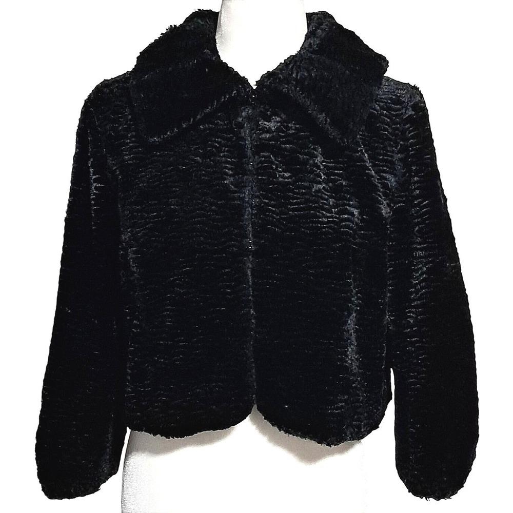 Vintage Glam Kenzie Faux Fur Jacket Women 12 Black Faux Persian Lamb Cropped